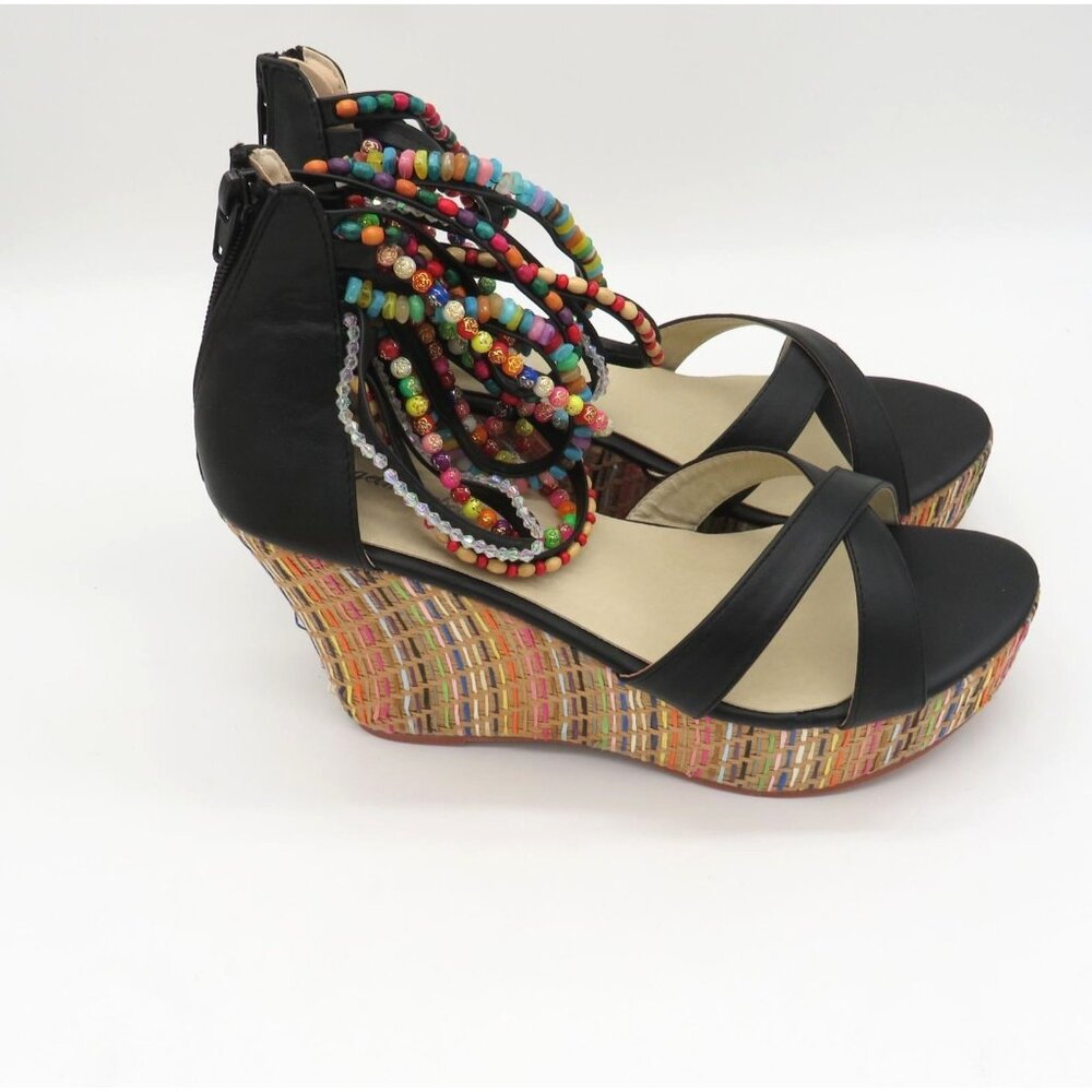 Get More Beauty Women's Black Wedge Sandals Multicolor Beaded Straps 10 NEW